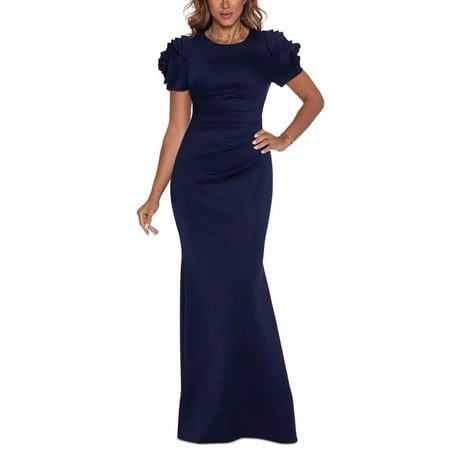 XSCAPE 3D-Flower Short-Sleeve Side-Pleated Gown