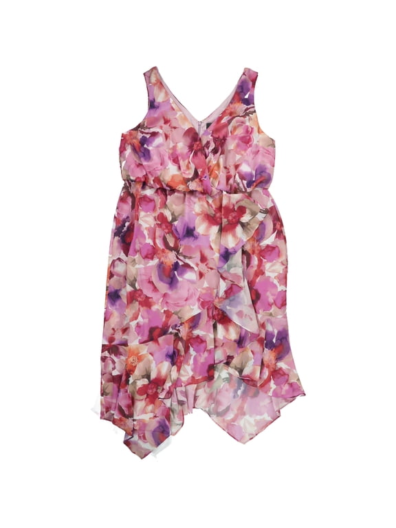 Womens Floral Blouson High-Low Dress, Multicoloured, Plus Size, 14W
