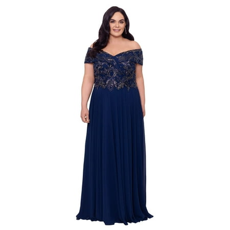 XSCAPE Plus Size Long Off-The-Shoulder Chiffon Bead Top Navy 18W