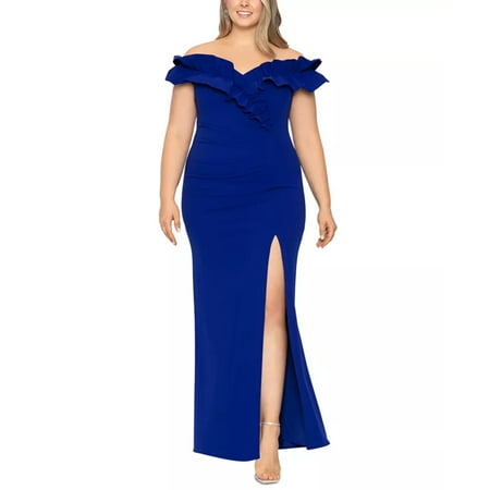 XSCAPE Plus Size Ruffled Off-The-Shoulder Ruched Gown
