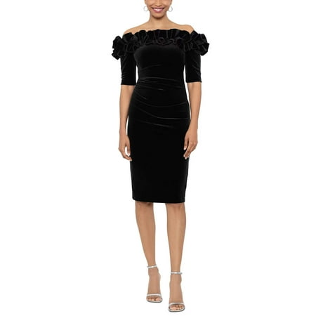 XSCAPE Ruffled Off-The-Shoulder Velvet Sheath Dress