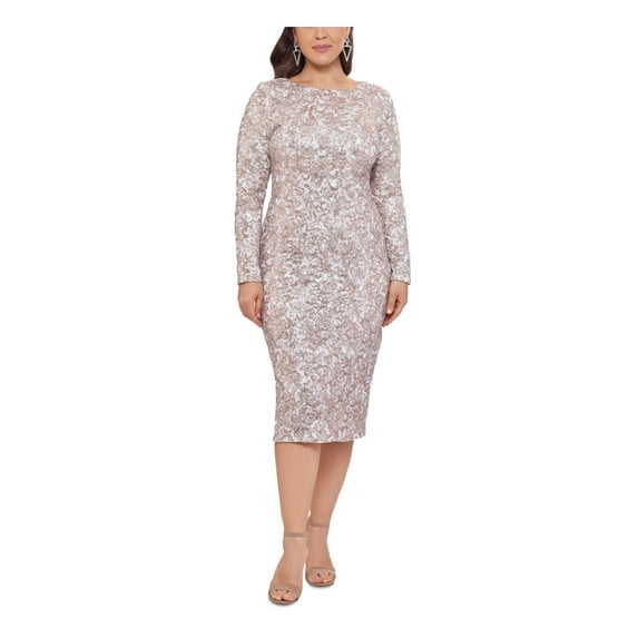 XSCAPE Womens Beige Sequined Zippered Lined Long Sleeve Round Neck Below The Knee Evening Sheath Dress Plus 18W
