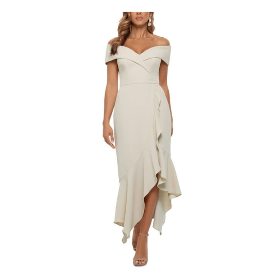 XSCAPE Womens Beige Zippered Ruffled Asymmetrical Slit Darted Short Sleeve Off Shoulder Maxi Cocktail Mermaid Dress 14