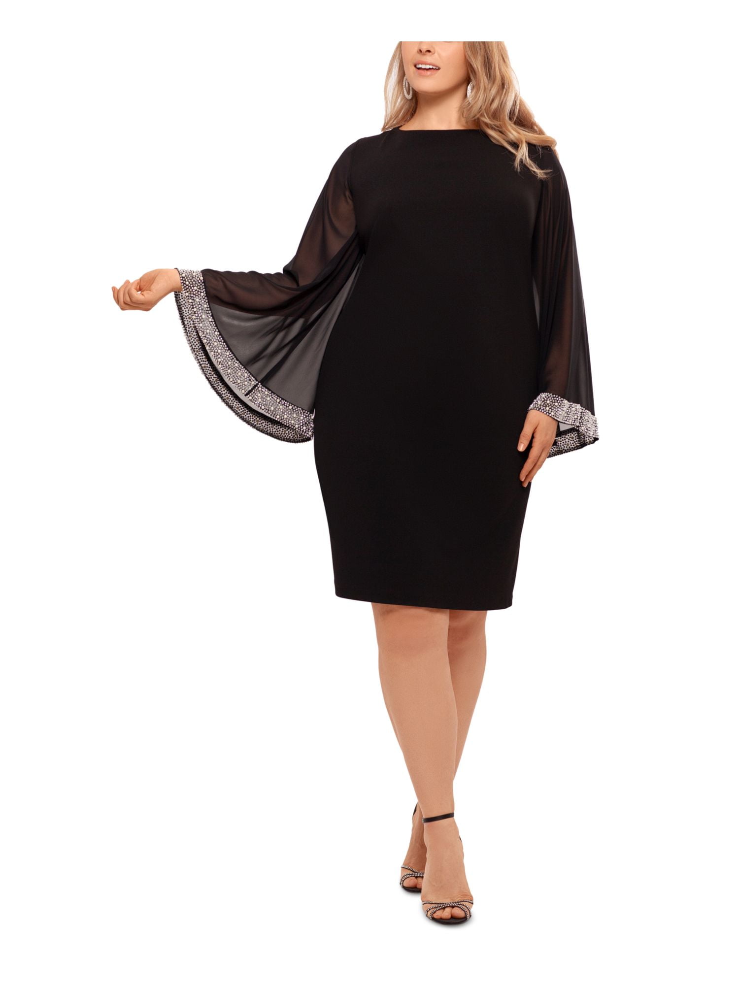 XSCAPE Womens Black Beaded Zippered Bell Sleeve Boat Neck Knee Length  Cocktail Sheath Dress Plus 16W - Walmart.com