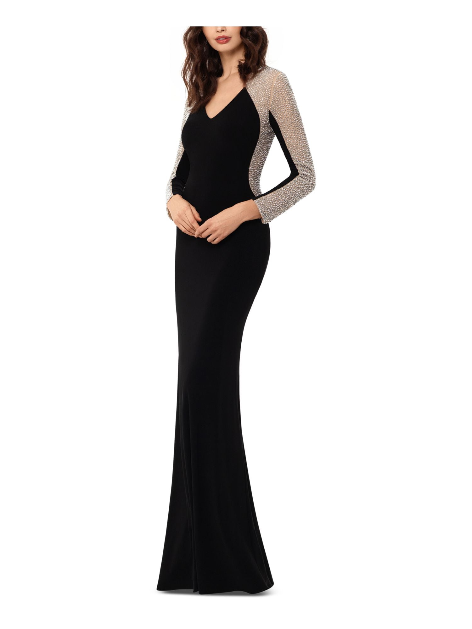 XSCAPE Womens Black Embellished Full-Length Mermaid V 8P Long Petites Neck Dress Sleeve Evening Mesh Zippered
