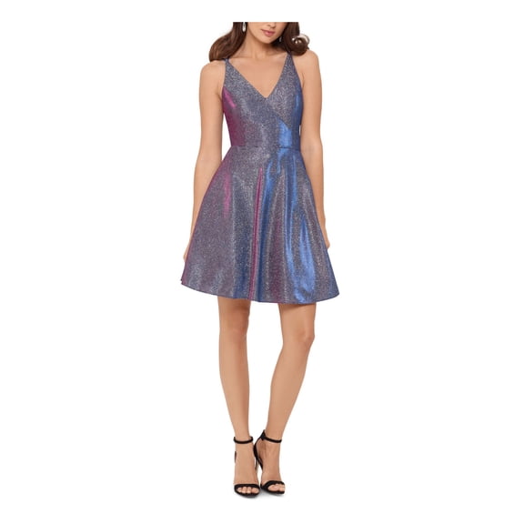 XSCAPE Womens Black Glitter Zippered Spaghetti Strap V Neck Mini Evening Fit   Flare Dress 4