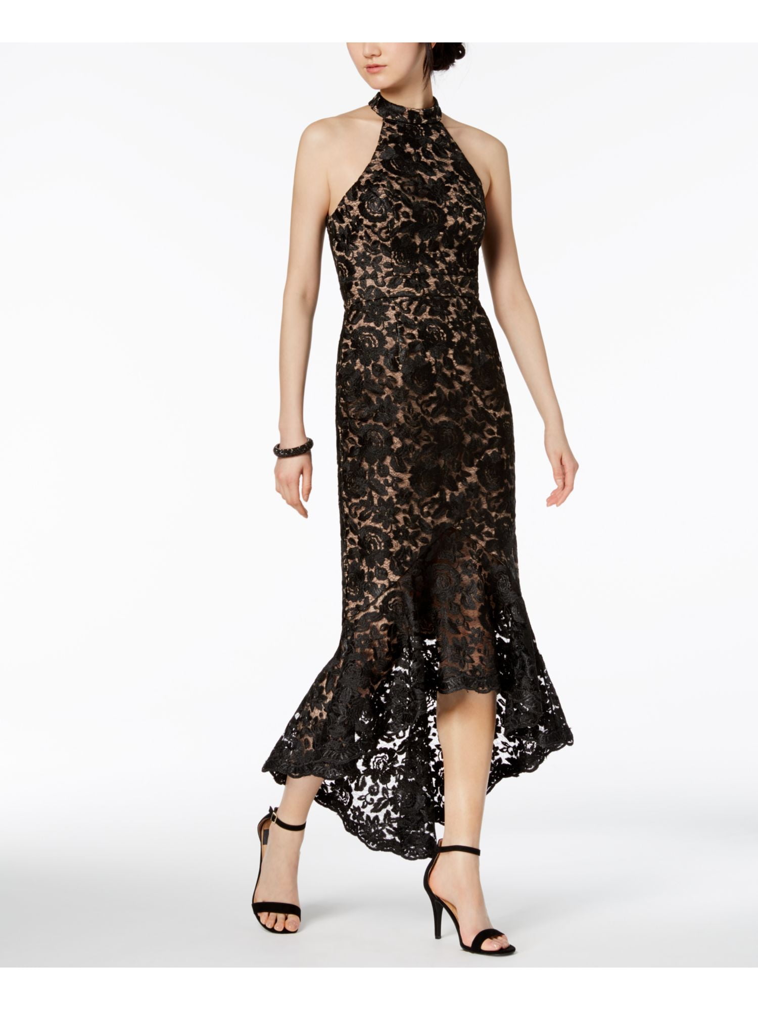 XSCAPE Womens Black Lace Mock Neck Gown Sleeveless Halter