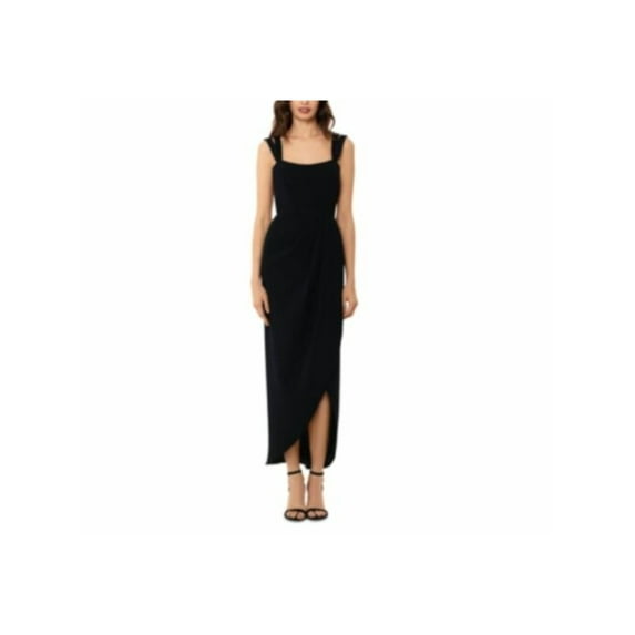 XSCAPE Womens Black Ruched Slitted Zippered Sleeveless Square Neck Midi Evening Sheath Dress 4