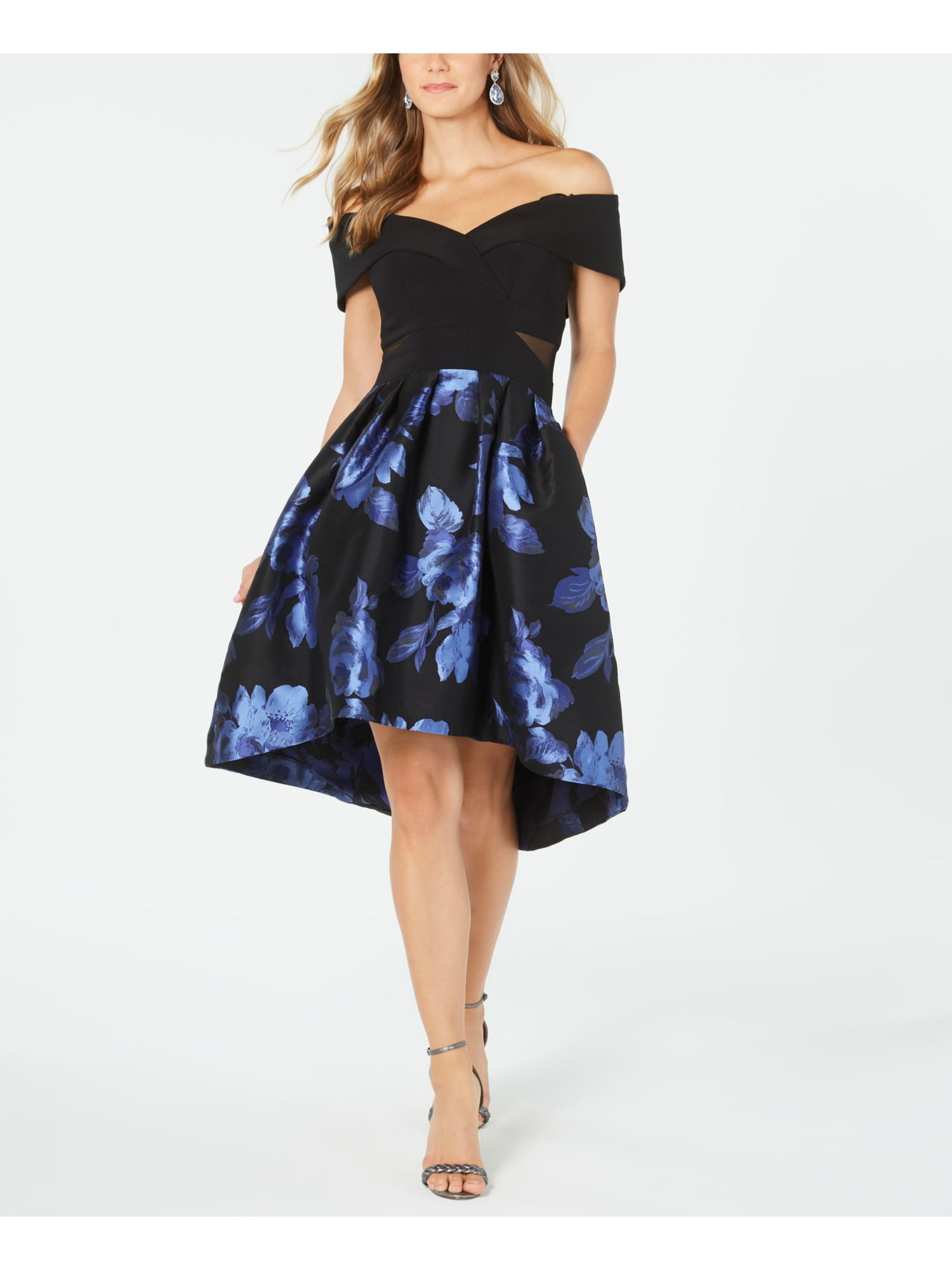 XSCAPE Womens Black Zippered Floral Short Sleeve Off Shoulder Knee Length Evening Fit + Flare Dress 8 XSCAPE Womens Black Zippered Floral Short Sleeve Off Shoulder Knee Length Evening Fit + Flare Dress 8
