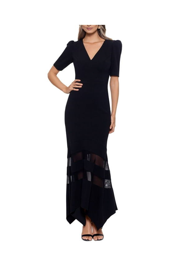 Womens Black Zippered Illusion Insets Asymmetric Hem Pouf Sleeve V Neck Tea-Length Evening Gown Dress 14