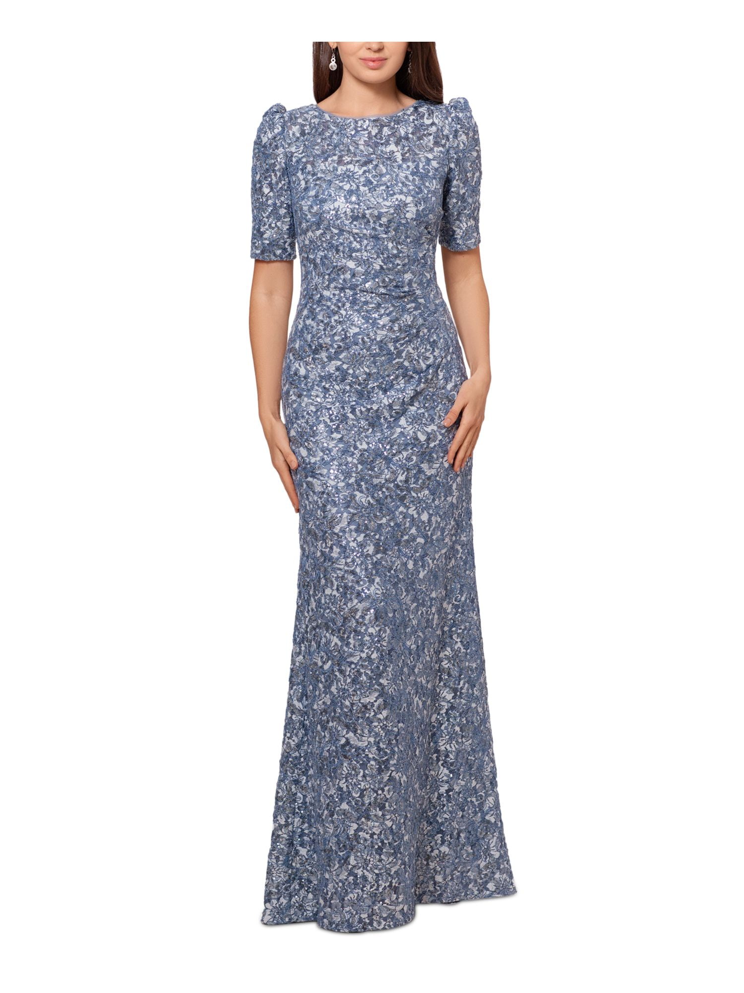 XSCAPE Womens Blue Sequined Zippered Textured Lined Floral Short Sleeve  Round Neck Full-Length Formal Gown Dress 6P - Walmart.com
