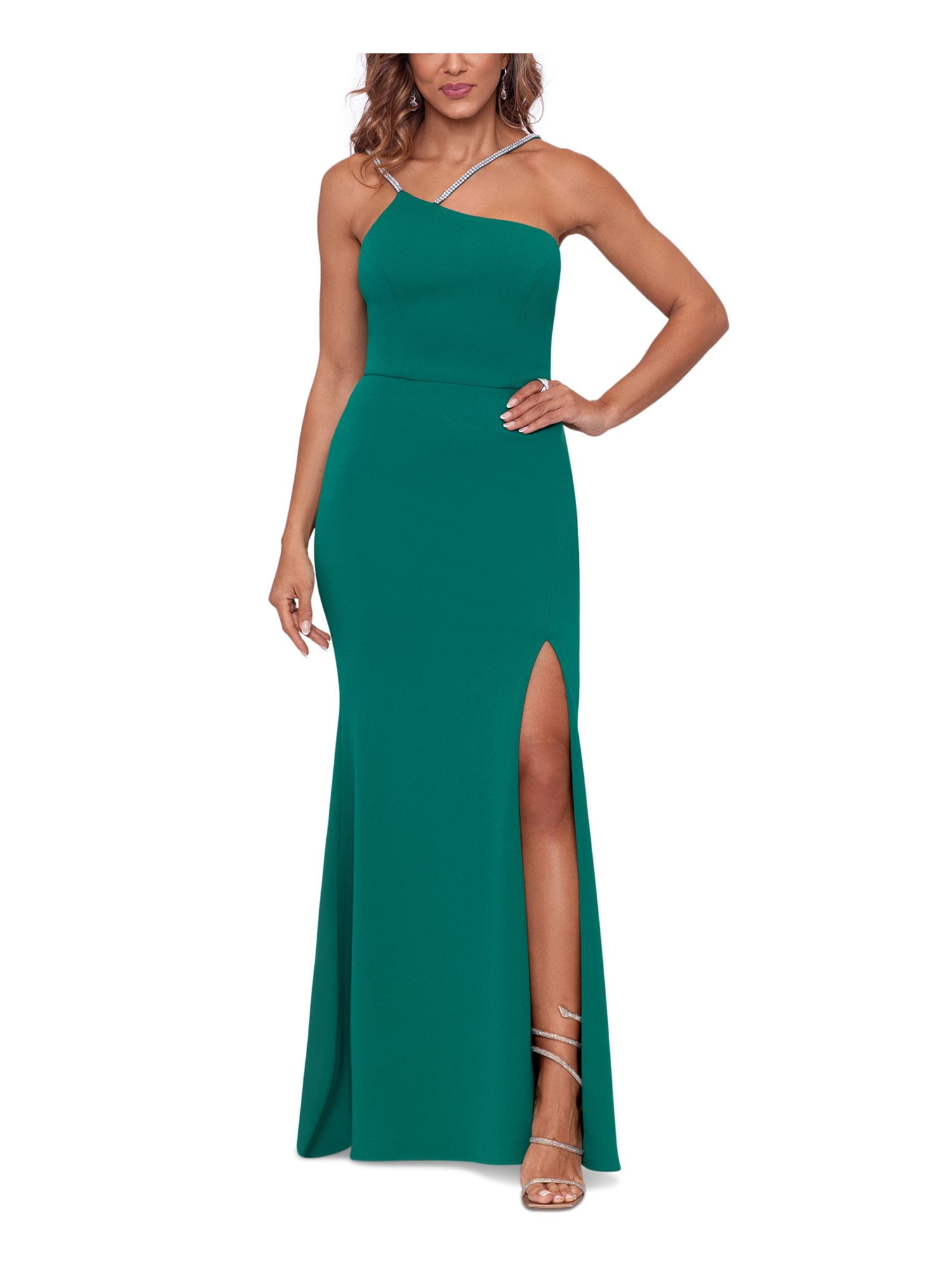 Womens cold shoulder green rhinestone sparkly long high slit formal dress main image 1