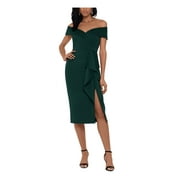 XSCAPE Womens Green Stretch Zippered Ruffled Fold-over Neckline Slitted Short Sleeve Off Shoulder Midi Cocktail Sheath Dress Petites 2P