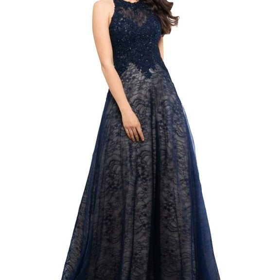 XSCAPE Womens Lace-Top Gown Fit & Flare Dress, Blue, 4