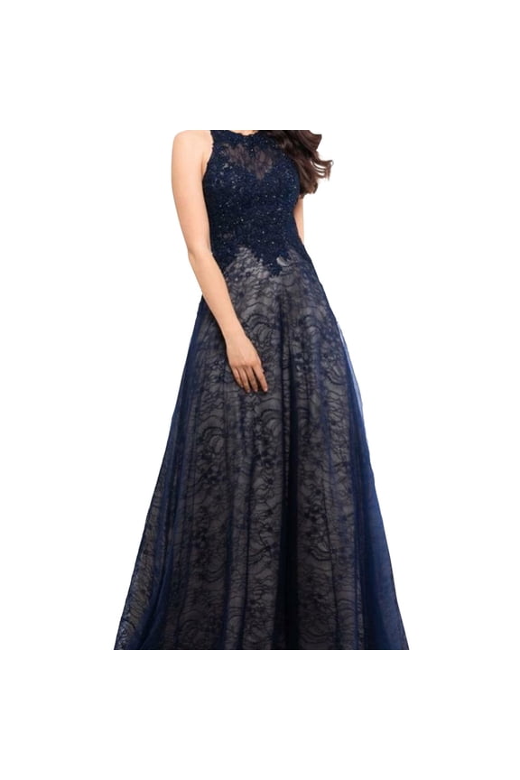 Womens Lace-Top Gown Fit & Flare Dress, Blue, 4