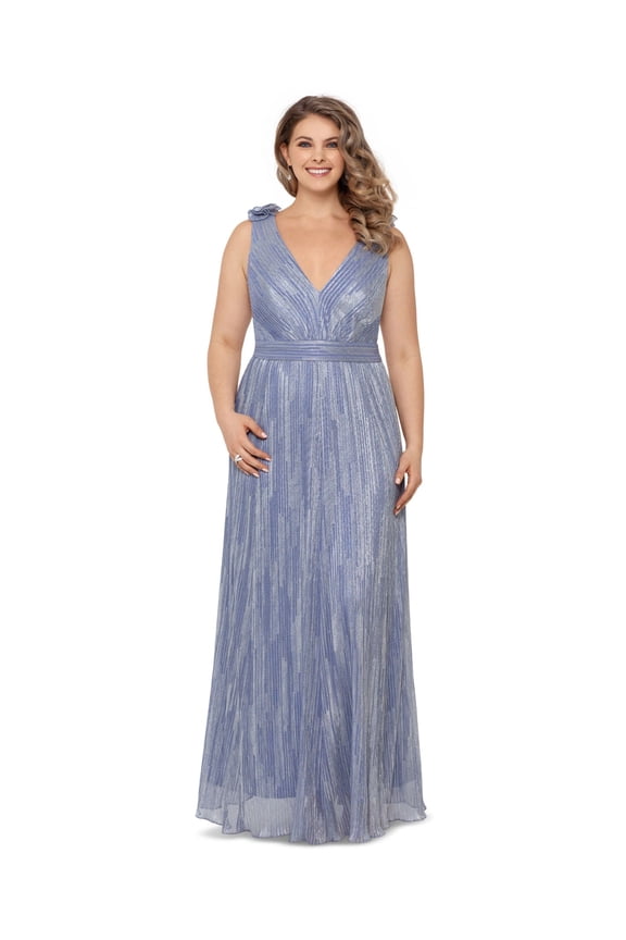 Womens Light Purple Ruffled Zippered Metallic Gown Sleeveless V Neck Full-Length Formal Dress Plus 14W