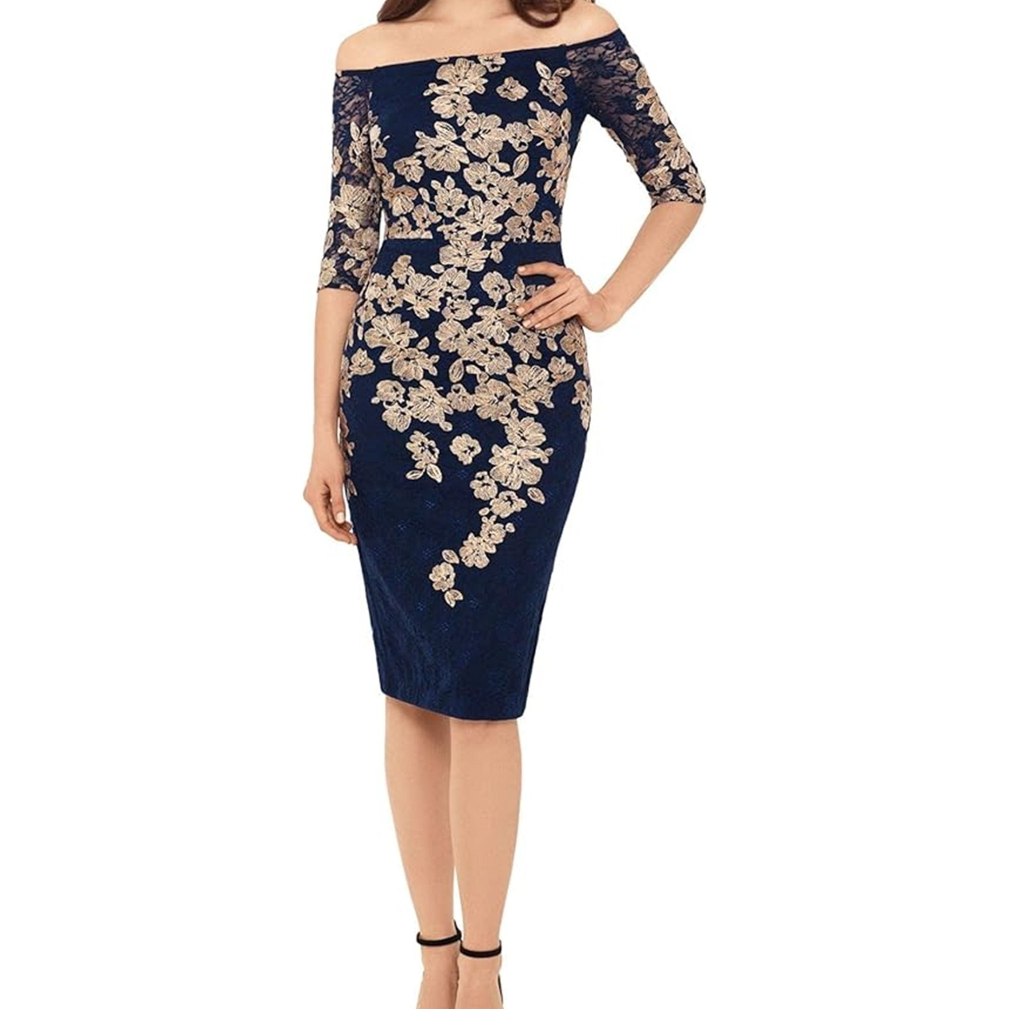 xscape embroidered floral lace sheath dress Xscape Women's Off-The-Shoulder Pleated-Waist Gown - Navy main image 1