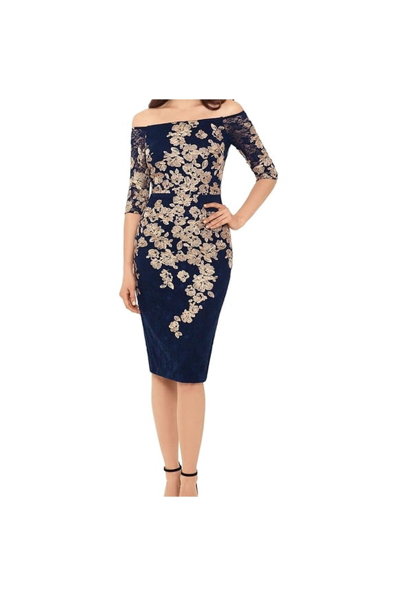 Womens Metallic Floral Lace Sheath Dress, Blue, 4