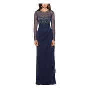 XSCAPE Womens Navy Beaded Lace Illusion Long Sleeve Crew Neck Full-Length Formal Sheath Dress Petites 8P