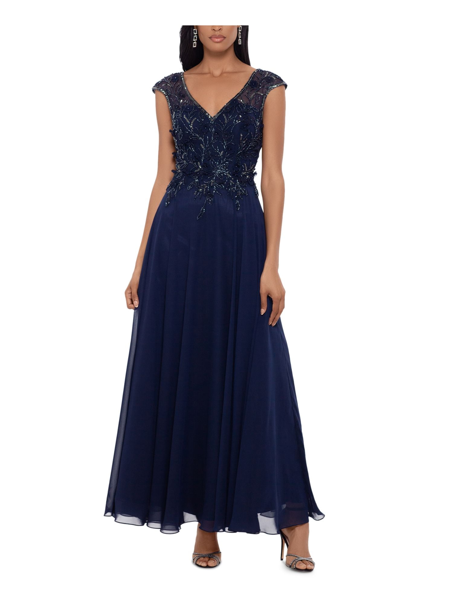 XSCAPE Womens Navy Beaded Sheer Lined Cap Sleeve V Neck Maxi Formal Gown  Dress 6 - Walmart.com