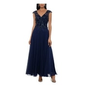 XSCAPE Womens Navy Beaded Zippered Lined Cap Sleeve V Neck Maxi Formal Gown Dress Petites 10P