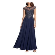 XSCAPE Womens Navy Embellished Zippered Lined Cap Sleeve Illusion Neckline Maxi Evening Gown Dress Petites 16P