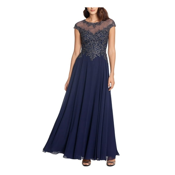 XSCAPE Womens Navy Embellished Zippered Lined Cap Sleeve Illusion Neckline Maxi Evening Gown Dress Petites 6P