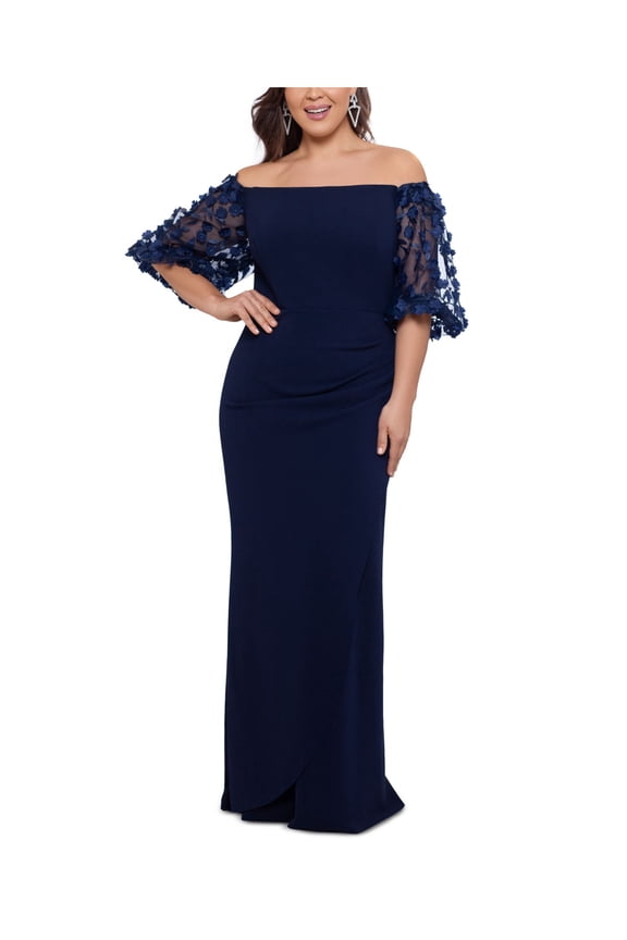 Womens Navy Embellished Zippered Lined Short Sleeve Off Shoulder Full-Length Cocktail Gown Dress Plus 16W