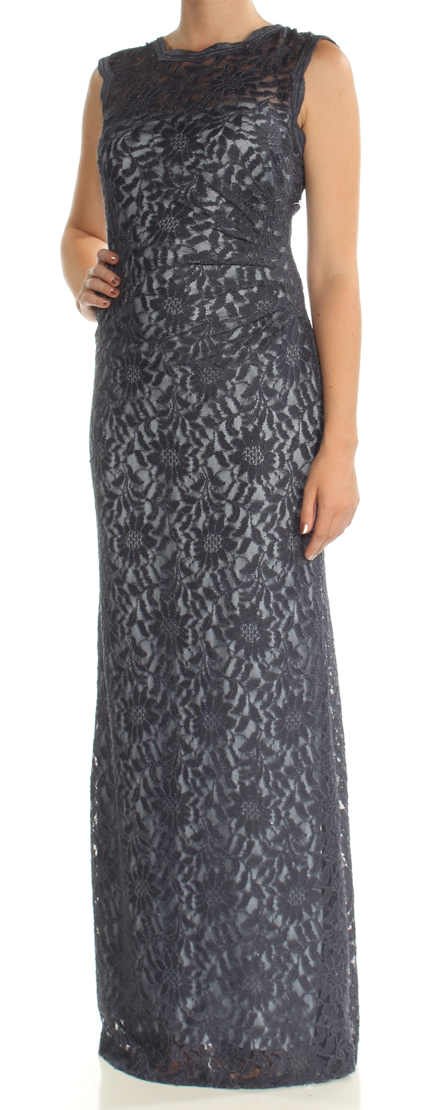 XSCAPE Womens Navy Lace Illusion Neckline Full Length Sheath Dress Size: 8