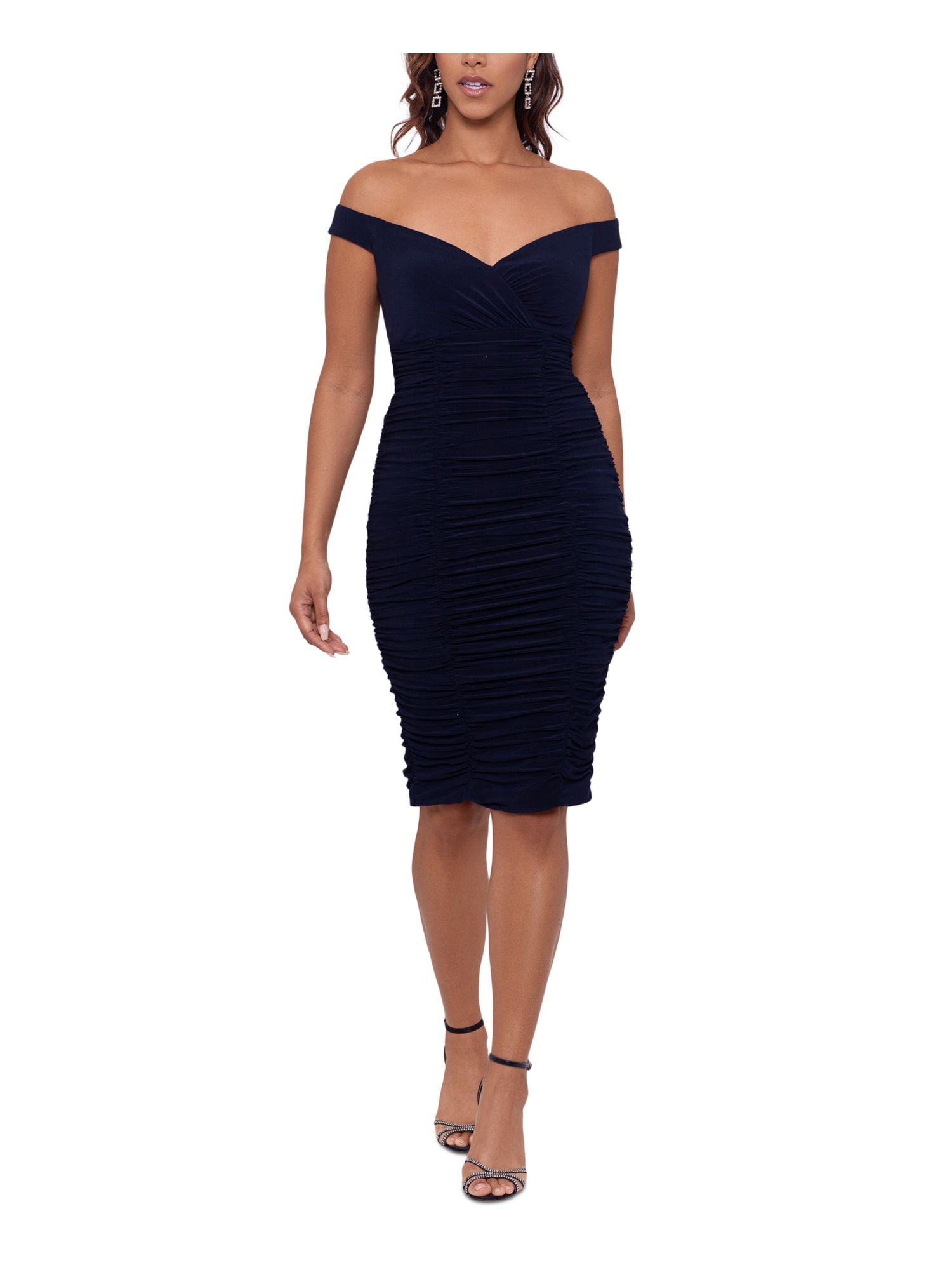 AQUA FORMAL Womens Zippered Short Sleeve Off Shoulder Knee Length Cocktail Sheath Dress