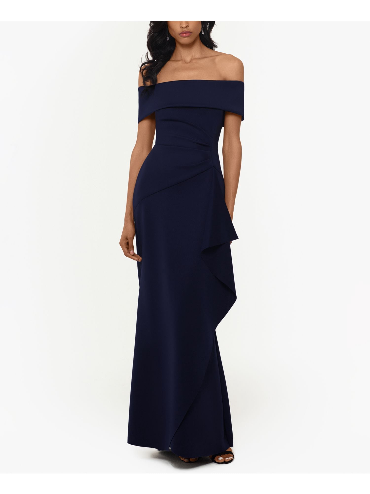 Xscape Women's Off-the-Shoulder Cocktail Dress - Ruffled Neckline, Fitted Silhouette, Knee-Length (Plus Sizes Available)