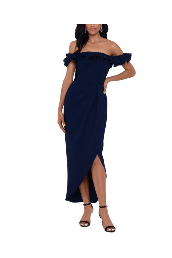 Womens Navy Ruffled Zippered Gown Flutter Off Shoulder Knee Length Evening Tulip Dress 14