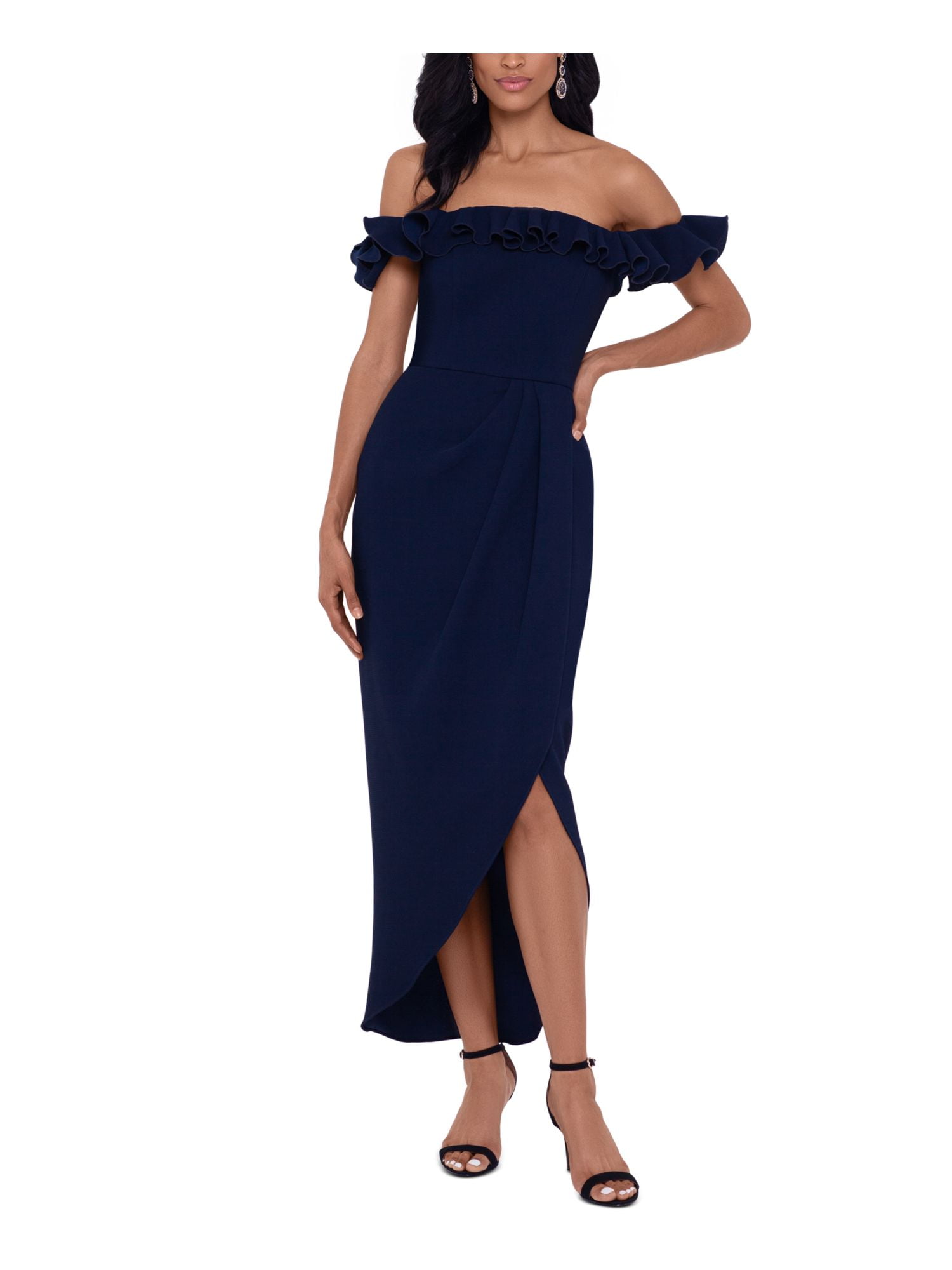 XSCAPE Womens Navy Ruffled Zippered Gown Flutter Off Shoulder Knee Length  Evening Tulip Dress 4 - Walmart.com