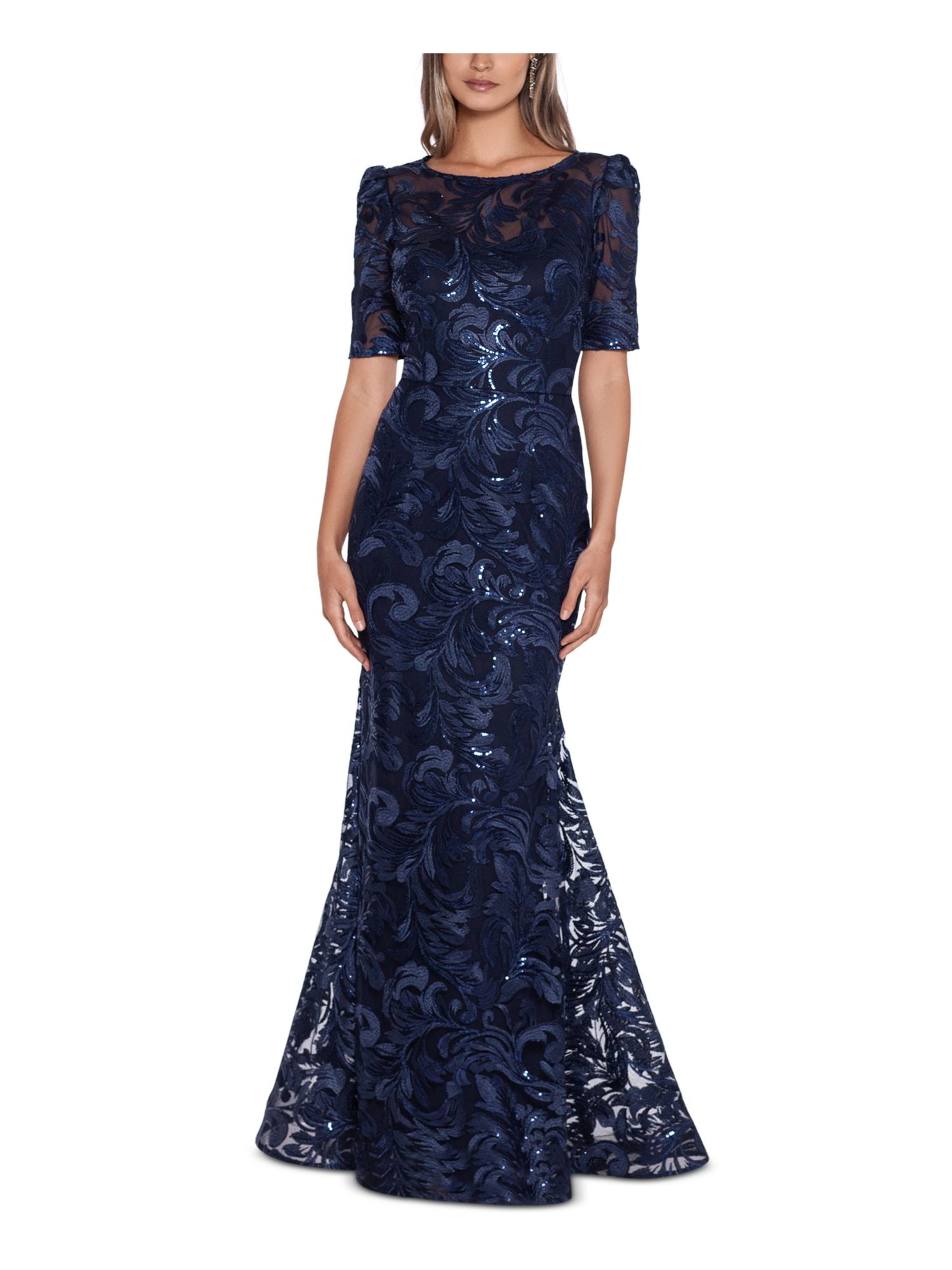 JS COLLECTIONS Womens Blue Zippered Lined Extended Shoulder Lace Sleeveless Jewel Neck Full-Length Evening Blouson Dress main image 1
