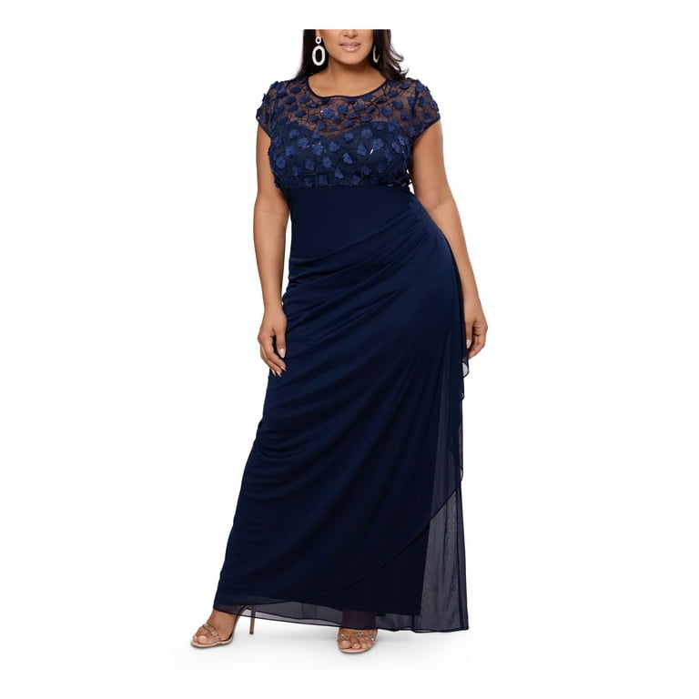 XSCAPE Womens Navy Sequined Zippered Sheer Cap Sleeve Scoop Neck