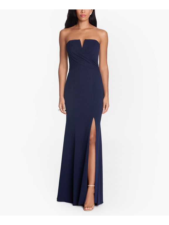 Womens Navy Stretch Pleated Zippered Notched-v Criss-cross Front Slit Sleeveless Strapless Full-Length Formal Gown Dress 10