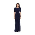 thumbnail image 1 of XSCAPE Womens Navy Stretch Zippered Ruched Draped Tulip Skirt Elbow Sleeve Jewel Neck Full-Length Formal Gown Dress 8, 1 of 2