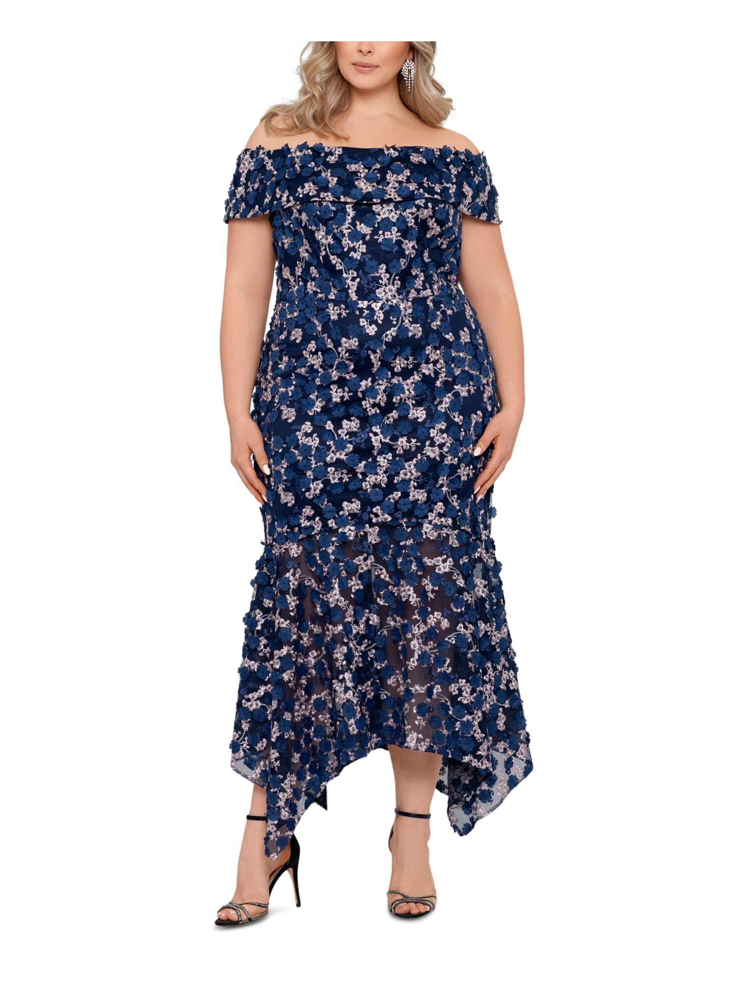 Navy Off The Shoulder Half Sleeve Floral Print Slit Hem Dresses
