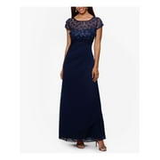 XSCAPE Womens Navy Zippered Pleated Draped Skirt Lined Short Sleeve Boat Neck Full-Length Formal Gown Dress Petites 14P
