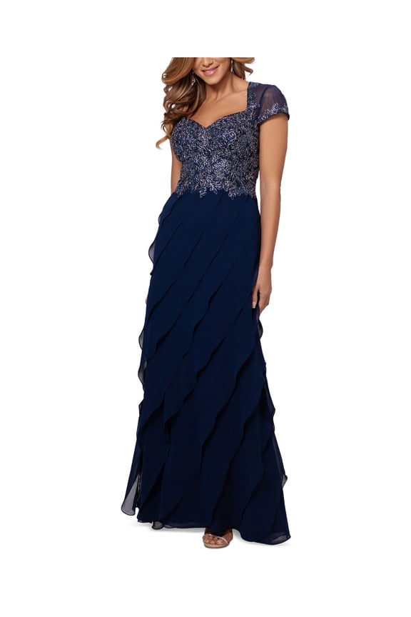 Womens Navy Zippered Tiered Bias Ruffled Skirt Cap Sleeve Sweetheart Neckline Full-Length Evening Sheath Dress 12