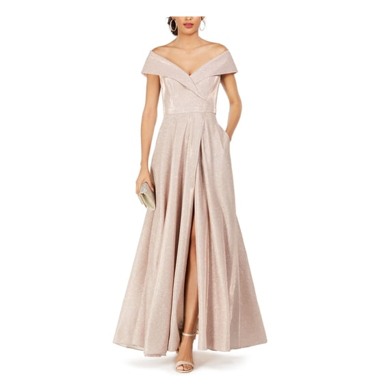 XSCAPE Womens Pink Glitter Zippered Molded Cups Pocketed Tulip Skirt Short Sleeve Off Shoulder Full-Length Formal Gown Dress Petites 8P
