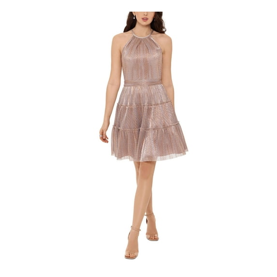 XSCAPE Womens Pink Metallic Zippered Tiered Sleeveless Halter Short Party Fit + Flare Dress 14