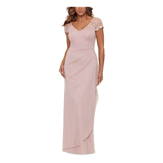 XSCAPE Womens Pink Zippered Lace Glitter Ruched Lined Short Sleeve V Neck Full-Length Evening Gown Dress 4