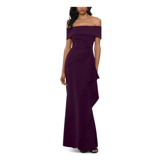 XSCAPE Womens Purple Ruffled Ruched Off Shoulder Full-Length Evening Dress 4