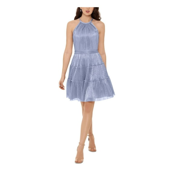 XSCAPE Womens Purple Stretch Metallic Zippered Tiered Striped Sleeveless Halter Short Party Fit + Flare Dress 14