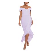 XSCAPE Womens Purple Zippered Ruffled Lined Asymmetrical Hem Cap Sleeve Off Shoulder Full-Length Evening Gown Dress Petites 6P