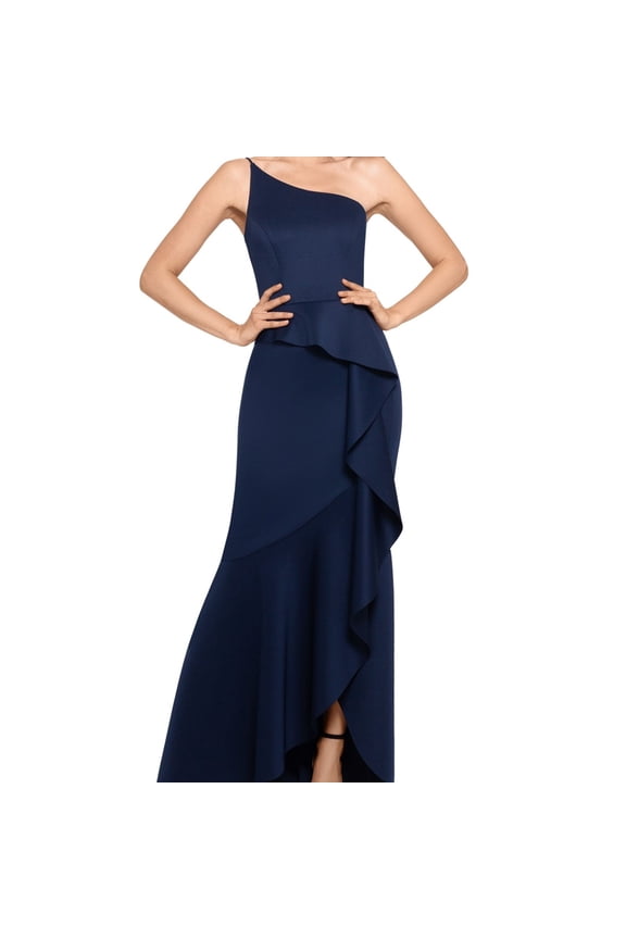 Womens Ruffle-Front Gown Dress, Blue, 8