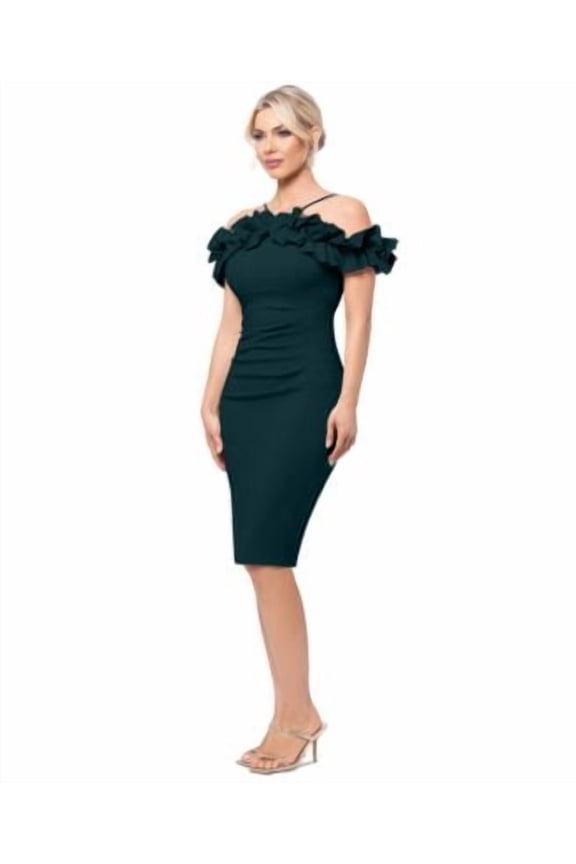 XSCAPE Womens Ruffled Off-The-Should Pine 12