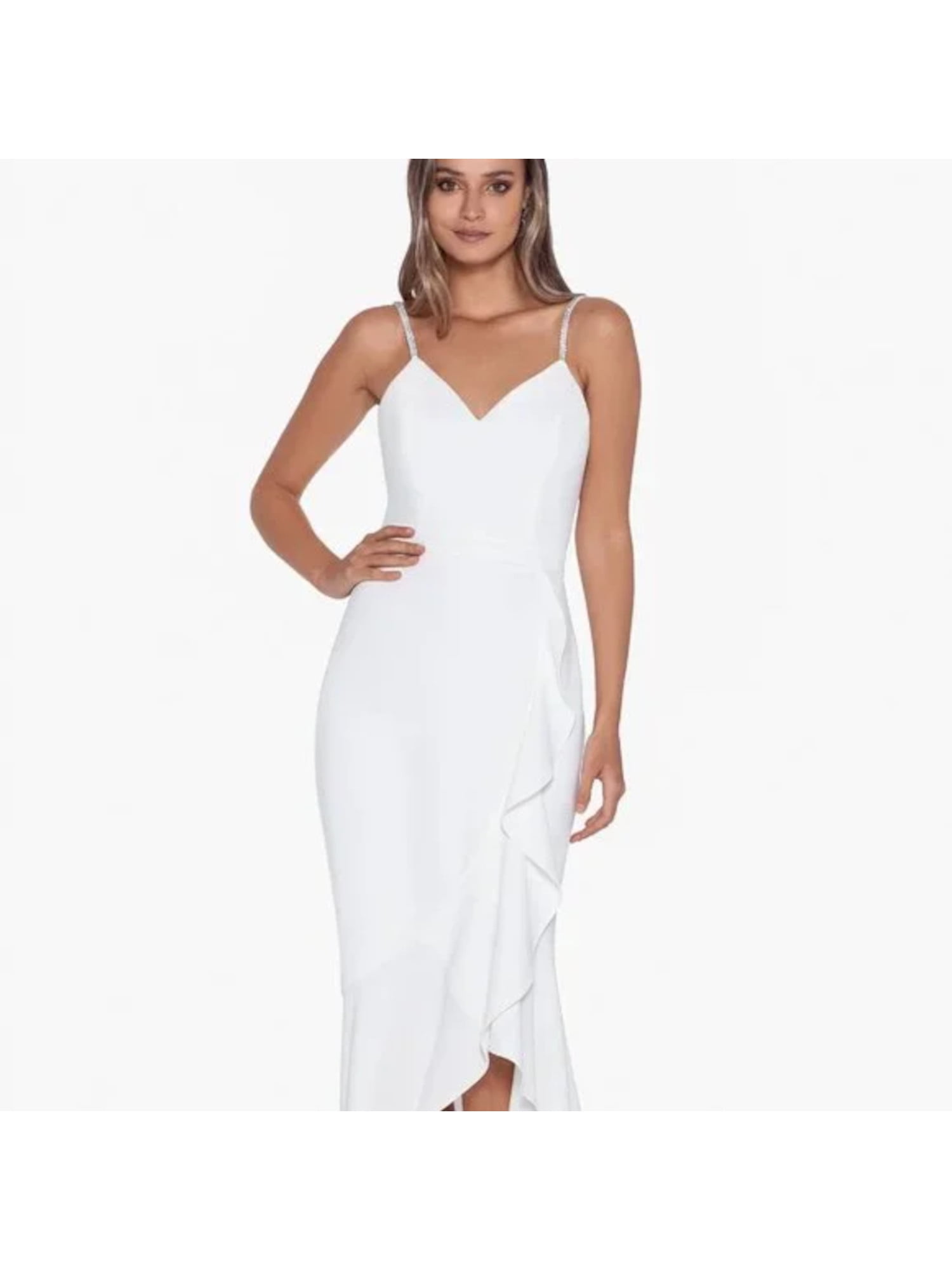 XSCAPE Womens White Ruffled Zippered Scoop Back Tulip Hem