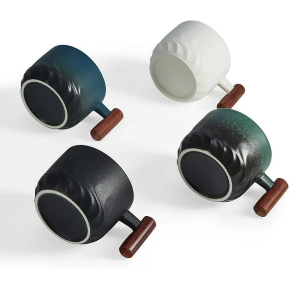 XSCPXTT 4Pcs Ceramic Espresso Mugs with Wooden Handle, Demitasse Cups for Double Shot Latte Cappuccino Tea Bag Beverage, Espresso Cups Set of 4